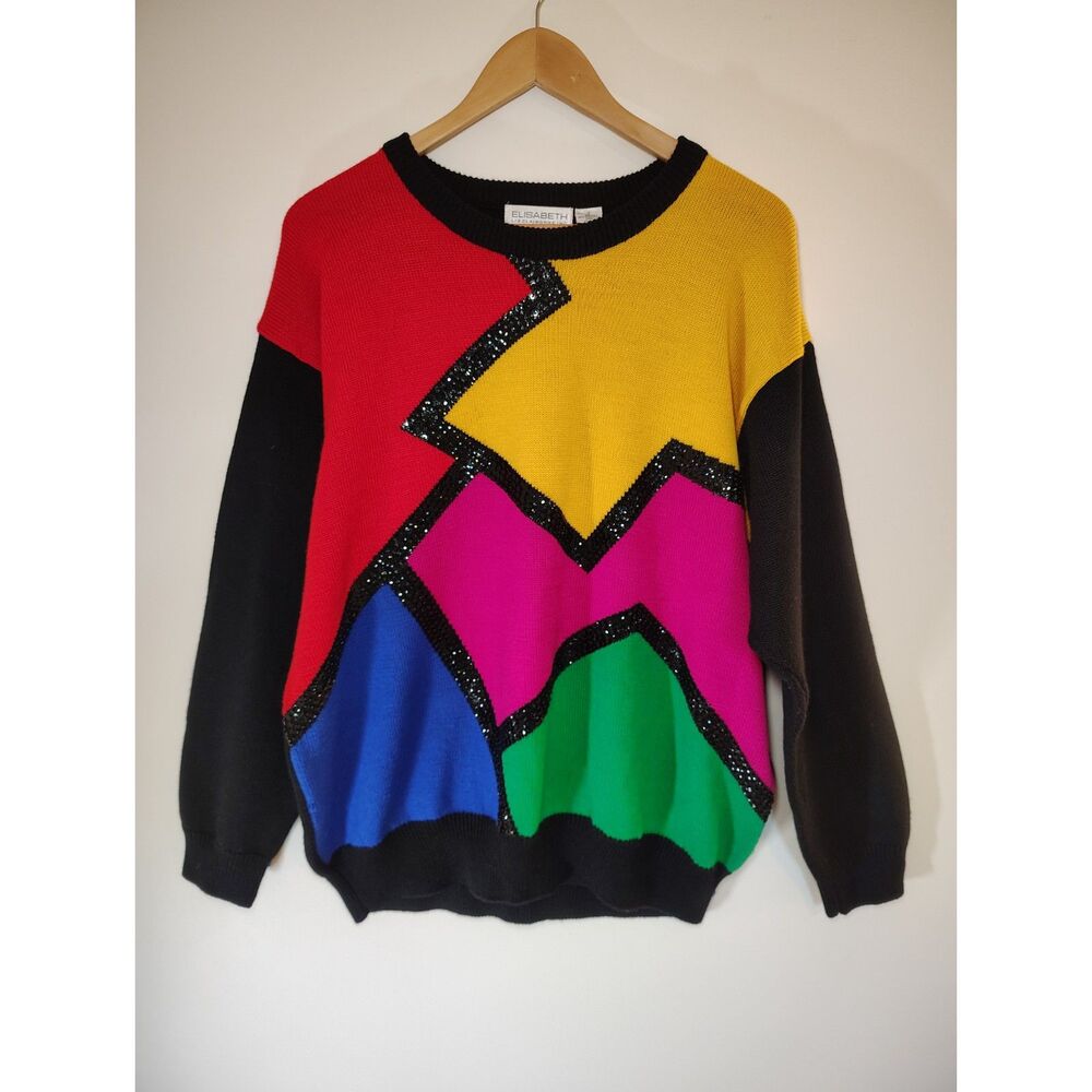 Vintage 80s/90s Elisabeth Liz Claiborne Color Block Sequin Sweater Grandmacore